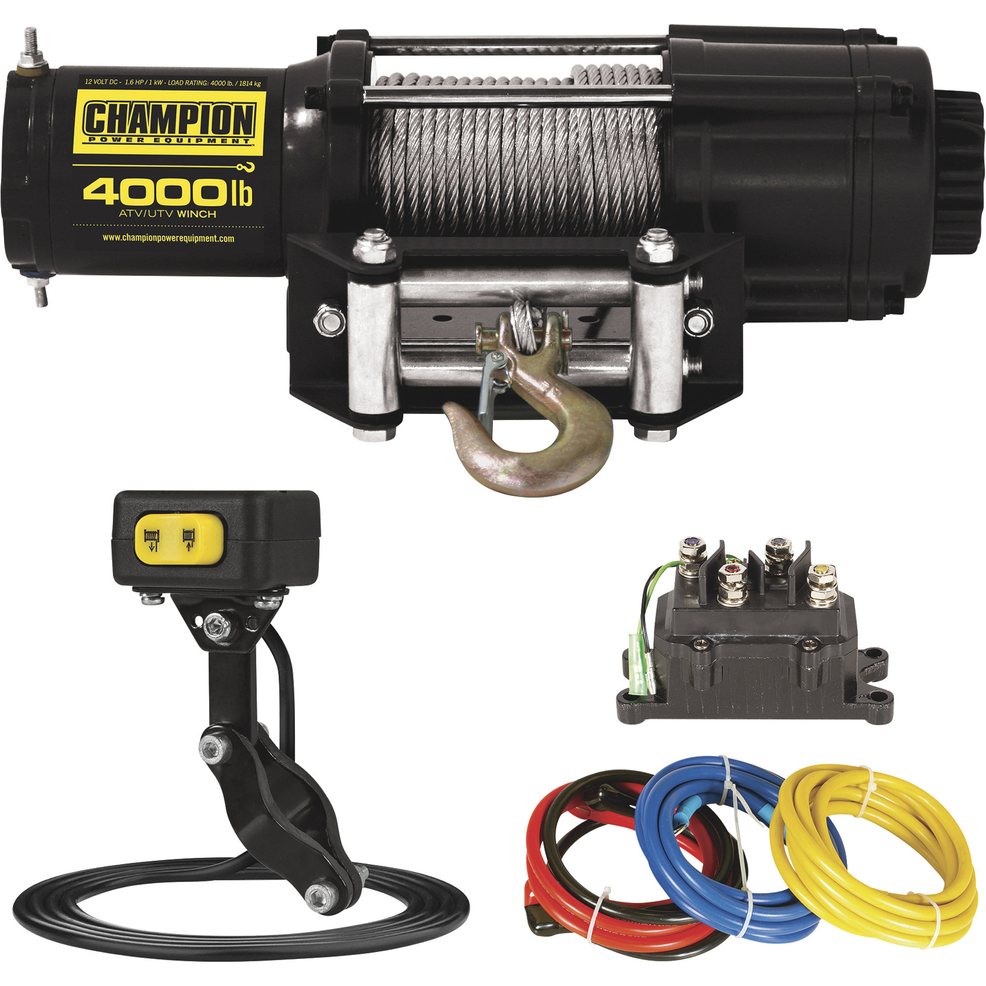 Champion 12 Volt DC Powered Electric ATV/UTV Winch, 4000-Lb. Capacity, Aircraft Cable, Model# 14001